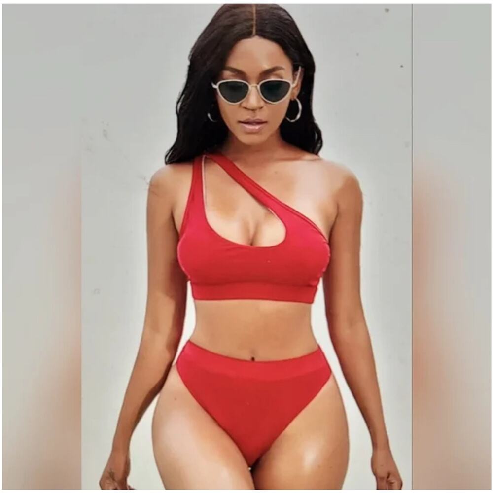 Nafleap Womens Medium Red One Shoulder Cut Out High Waisted Bikini Set Swimwear